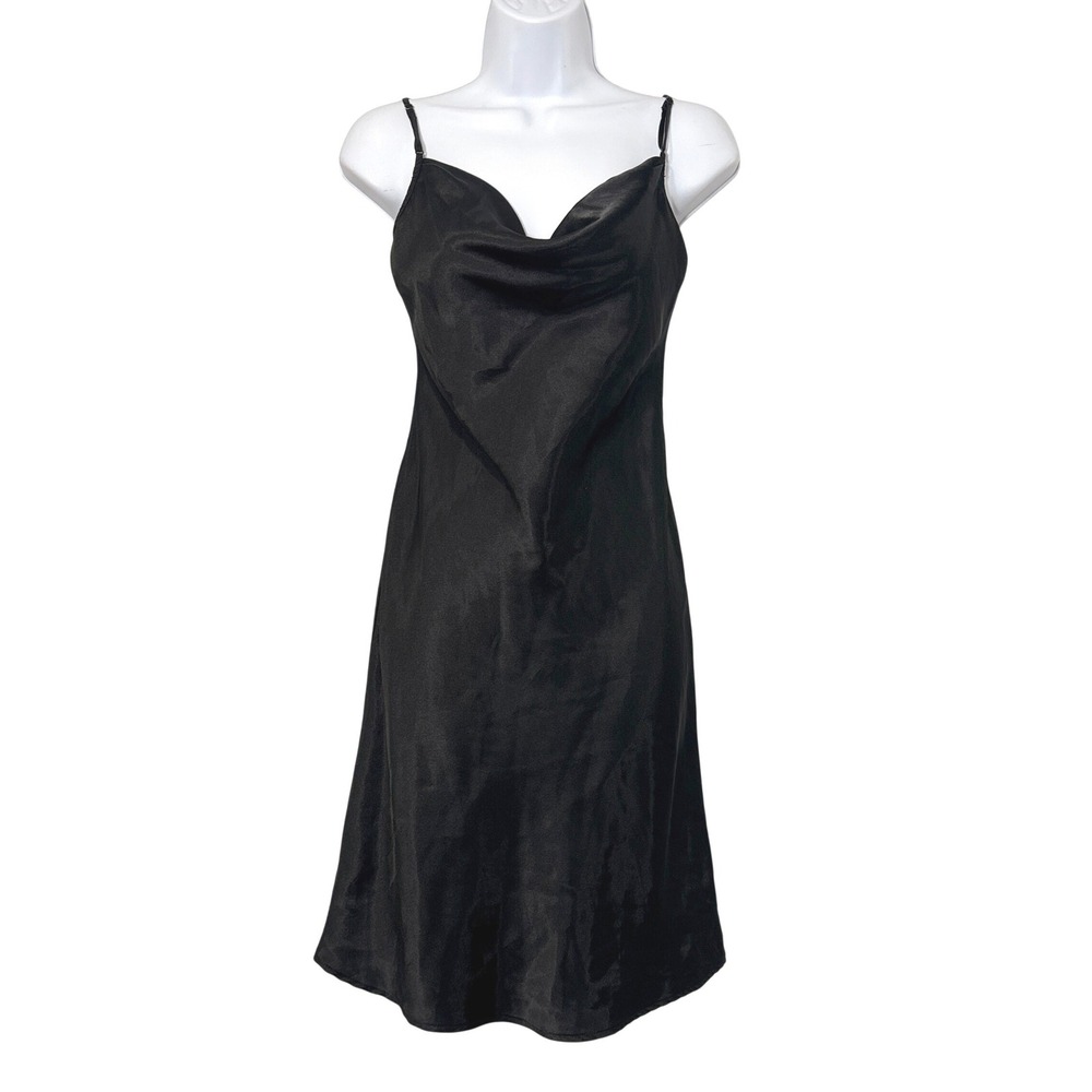 Vintage Y2K Old Navy Black Satin Slip Dress Size XS Bias Cut Cowl Neck 90s LBD
